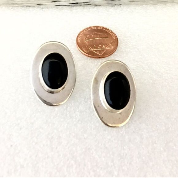 925 Sterling Silver Black Onyx Taxco Mexico Earrings Vintage Oval Pierced 1200 - Picture 3 of 8